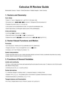 Calculus III Review Guide: Vectors, Partial Derivatives, Integrals