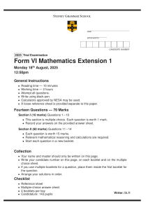 2025 Sydney Grammar School Maths Extension 1 Trial Exam