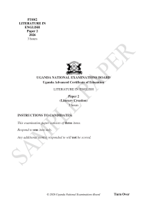 2026 Uganda Literature in English Paper 2 Exam