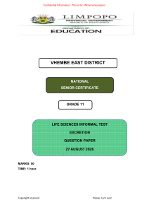 Grade 11 Life Sciences Excretion Test Paper