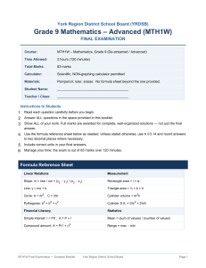 Grade 9 Math Final Exam MTH1W YRDSB