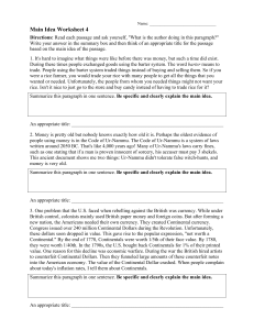 Main Idea Worksheet 4: Money History