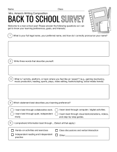 Back to School Survey for Writing Composition Class
