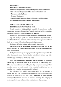 Lecture 3: Phonemes and Phonology