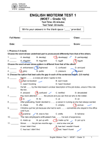 English Midterm Test 1 Grade 12 MOET Exam