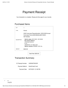 Clemson University Parking and Transportation Services - Payment Receipt
