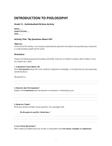 Introduction to Philosophy Grade 12 Activity: My Questions About Life