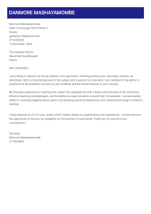 Agriculture Teacher Cover Letter - Danmore Mashayamombe