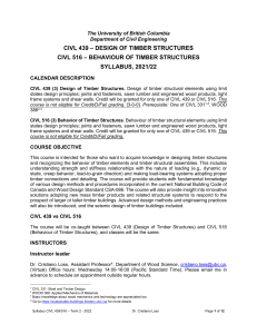 UBC CIVL 439/516 Timber Structures Syllabus 2021/22