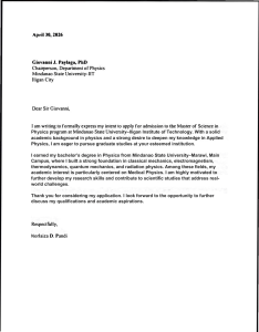 Letter of Intent for Master of Science in Physics Program