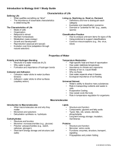 Introduction to Biology Unit 1 Study Guide