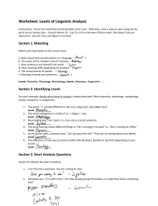 Levels of Linguistic Analysis Worksheet with Answers