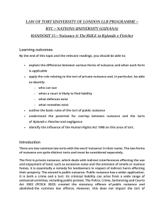 Law of Tort Handout 15: Nuisance & Rylands v Fletcher - LLB