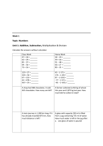 Week 1 Math Worksheet: Addition, Subtraction & Word Problems
