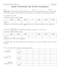AP Calculus AB Worksheet: Limits Numerically and Vertical Asymptotes