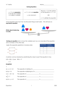 Year 7 Maths Worksheet: Introduction to Equations and Expressions