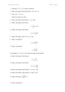 Transposition Review Worksheet: 20 Formula Rearranging Problems