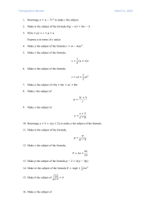 Algebra Transposition Review Worksheet