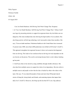 Rhetorical Analysis Essay: Arieff's Cars Are Death Machines Response