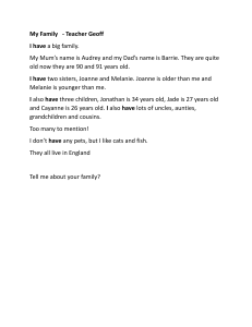 My Family &ndash; ESL Reading Text on Family Vocabulary and Verb 'Have'