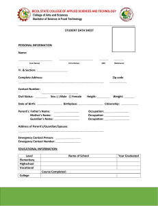 Student Data Sheet &ndash; Bicol State College, BS Food Technology