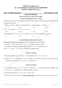 Grade 11 Math Chapter End Test 1 &ndash; Remainder & Factor Theorem