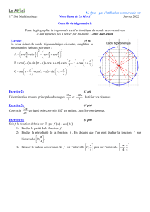 Contr&ocirc;le de trigonom&eacute;trie 1&egrave;re sp&eacute; maths &ndash; Sujet et corrig&eacute; 2022