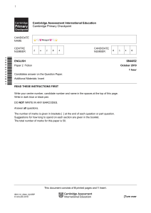 Cambridge Primary Checkpoint English Paper 2 Fiction 0844/02 Oct 2019