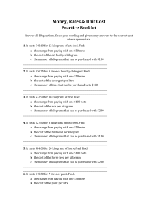Money, Rates & Unit Cost Practice Booklet with Answer Key