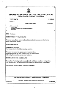 ZIMSEC A-Level Physics Paper 3 June 2016 Exam 9188/3