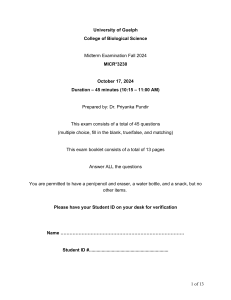 MICR*3230 Immunology Midterm Exam Fall 2024 - University of Guelph