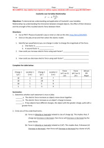 Coulomb's Law Variables Relationship Physics Worksheet