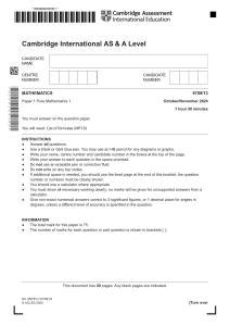 Cambridge A Level Mathematics 9709/13 Pure Mathematics 1 Paper 2024