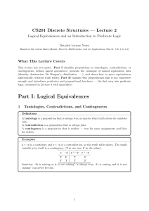 CS201 Lecture 2: Logical Equivalences and Predicate Logic Notes